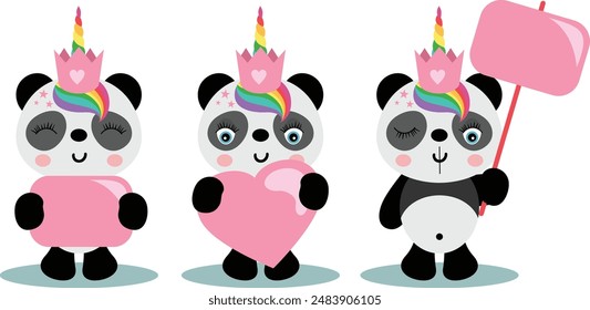 Three cute unicorn pandas holding a pink sign boards and heart