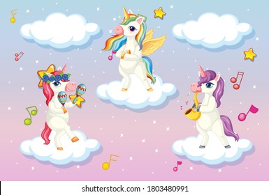 Drei süße Einhorn- oder Pegasus auf Wolken in pastellfarbener Himmelsgrafik