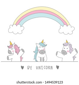 
Three cute unicorns and a rainbow.Vector cartoon illustration