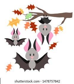 Tres tiernos murciélagos vampiros y hojas de otoño conjunto vectorial Halloween