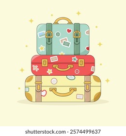 Three Cute Vintage Suitcases in Red, Green and Yellow Colours with Different Travel Stickers. Holiday Vector Illustration Cartoon Style.