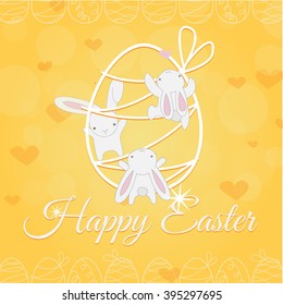 Three Cute white Easter little Bunny welcomes and climbs up on Easter egg with gift ribbon yellow background. Funny Easter hand drawing rabbit cartoon character.