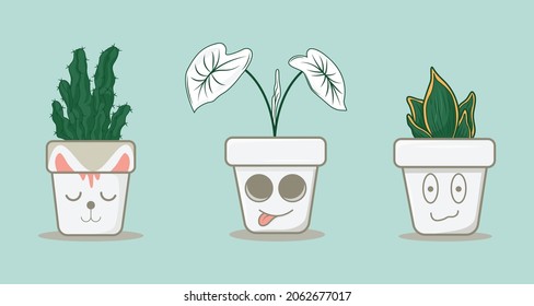 Three cute white pot characters illustration on light blue background