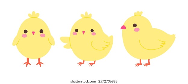 Three cute yellow chicks standing next to each other. The first chick is standing on the left, the second chick is standing in the middle, and the third chick is standing on the right