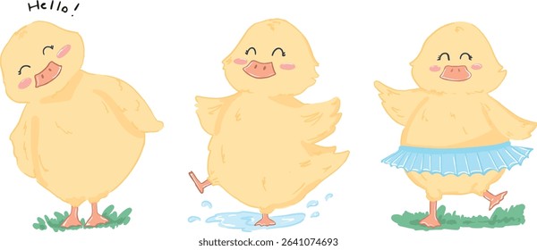 Three cute yellow ducklings in playful poses – waving, splashing, and dancing in a tutu. Perfect for kids’ books, nursery prints, greeting cards, and fun educational designs.
