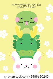 Three cute zodiac animals dragon snake and rabbit cartoon characters illustration. Chinese new year of the snake 2025, new year of the dragon 2024 and new year of the rabbit 2023.