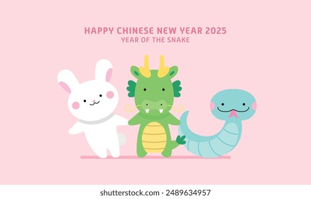 Three cute zodiac animals rabbit dragon and snake set vector illustration. Chinese new year of the snake 2025 greeting card.