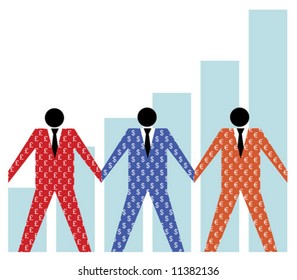 Three cut-out men wearing money symbol clothes over chart.