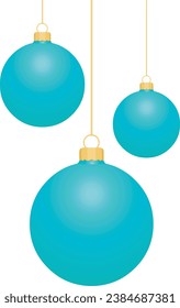 Three cyan colored Christmas baubles