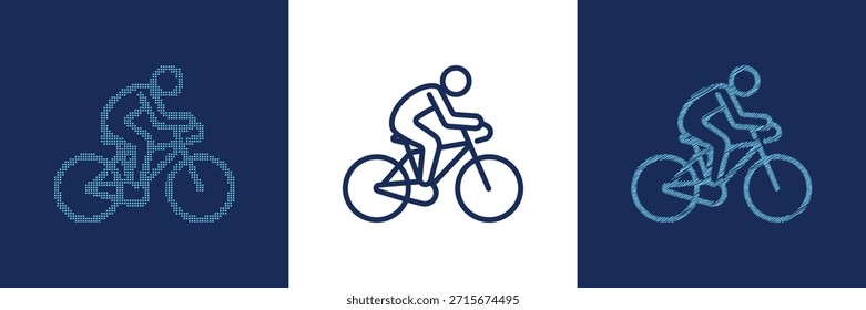 Três ícones de ciclista em vários estilos isolados em fundo transparente