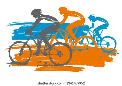 Three cyclists, competition, expressive stylized.
Three cyclists in full speed. Imitation of hand drawing. Isolated on white  background. Vector available.