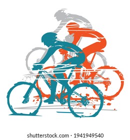 
 Three cyclists, competition, expressive stylized.
 Three cyclists in full speed. Imitation of hand drawing. Isolated on white background. Vector available.