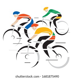 
Three cyclists, competition.
Stylized colorful drawing of cyclists at full speed. Isolated on white background. Vector available.