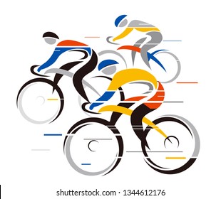 Three cyclists, cycling race.
Illustration of Three cyclists in full speed. Isolated on white  background. Vector available.