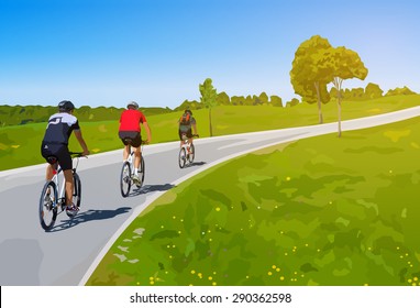 Three cyclists on summer rural road.