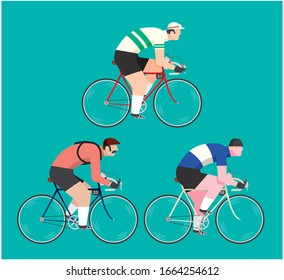 Three cyclists riding their bicycles with retro vintage apparel, jerseys and clothing. Isolated on a green background editable vector illustration 