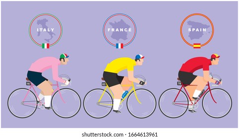 Three cyclists riding their bikes representing the three grand tours of road cycling: Tour de France, Giro d'Italia and Vuelta a Epaña. Maps and flags of the three countris on top of each rider. 