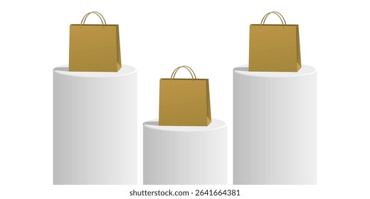 Three Cylinder pedestal and platform podium stage with blank shopping bag vector. Ideal for product promotion, e-commerce mockup, branding presentation, sale event, store advertising visuals.