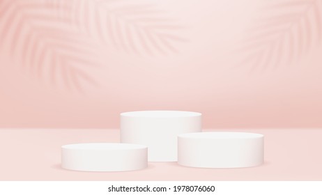 Three cylinder platforms or pedestals on pink stage. Palm leaves on the wall. Tropical leaf blurred overlays. Cream, sepia, pastel colors. Three-dimensional 3d white stages. Vector illustration