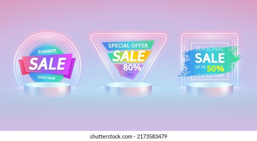 Three Cylinder Podium with Round, Triangular and Square Light Neon Summer Seasonal Sale Signs. Vector banners for your project design in modern style.