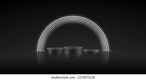 Three Cylinder Winners Podium with Round White Neon Farmes on Dark Background. Vector clip art for your award project design in modern style.