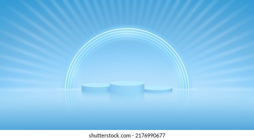 Three Cylinder Winners Podium with Round Neon Frame on Light Blue Background with Rays. Vector clip art for your award project design in modern style.