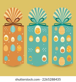 Three Cylindrical Gift Box Wrapping Colorful Easter Eggs On Olive Background. Happy Easter Day Concept.