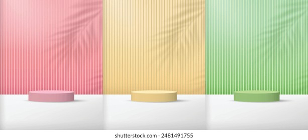 Three Cylindrical Platforms Against Pastel Colored Background With Palm Leaf Shadows