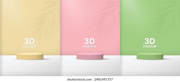 Three Cylindrical Platforms Against Pastel Colored Background With Palm Leaf Shadows
