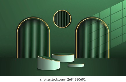 Three cylindrical podiums in light green with gold trim, set against a dark green backdrop with arched and circular gold-accented architectural details.