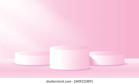 Three cylindrical podiums. Light pink background. Soft gradient lighting. 3D rendered scene. Minimalist design. Product display platform. Smooth edges. Clean, modern aesthetic for beauty products.