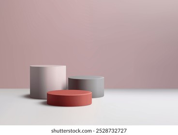 Three cylindrical podiums in pastel tones of pink, gray, and red, this clean and modern composition provides the perfect stage for showcasing products or awards in any creative setting