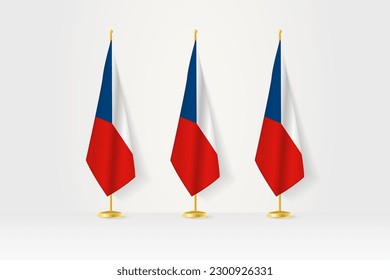 Three Czech Republic flags in a row on a golden stand, illustration of press conference and other meetings. Vector illustration.