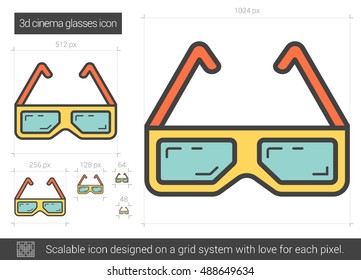 Three d cinema glasses vector line icon isolated on white background. Three d cinema glasses line icon for infographic, website or app. Scalable icon designed on a grid system.