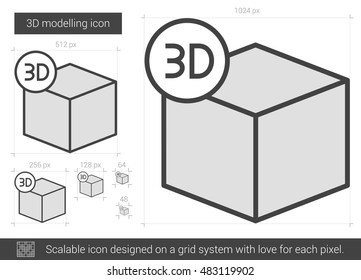 Three D modelling vector line icon isolated on white background. Three D modelling line icon for infographic, website or app. Scalable icon designed on a grid system.