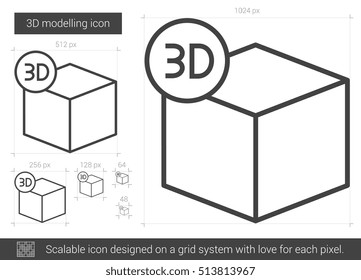 Three D modelling vector line icon isolated on white background. Three D modelling line icon for infographic, website or app. Scalable icon designed on a grid system.