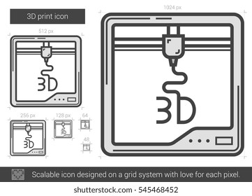 Three D print vector line icon isolated on white background. Three D print line icon for infographic, website or app. Scalable icon designed on a grid system.