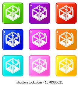 Three d printer icons set 9 color collection isolated on white for any design