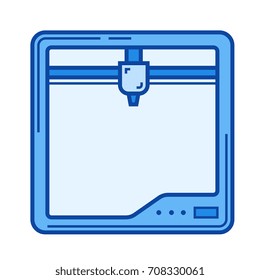 Three D printer vector line icon isolated on white background. Three D printer line icon for infographic, website or app. Blue icon designed on a grid system.