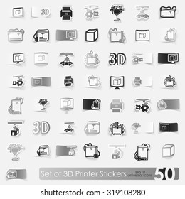 three d printer vector sticker icons with shadow. Paper cut