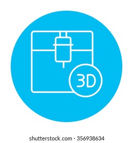 Drei D-Druckzeilensymbol für Web-, Mobil- und Infografiken. Vektorweißes Symbol auf hellblauem Kreis, einzeln auf weißem Hintergrund.