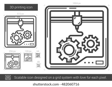 Three D printing vector line icon isolated on white background. Three D printing line icon for infographic, website or app. Scalable icon designed on a grid system.