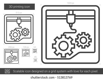 Three D printing vector line icon isolated on white background. Three D printing line icon for infographic, website or app. Scalable icon designed on a grid system.