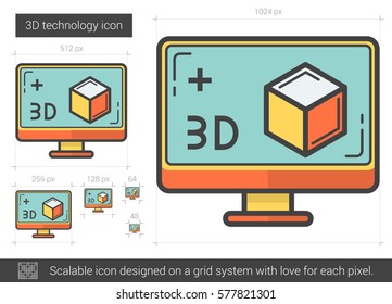 Three d technology vector line icon isolated on white background. Three d technology line icon for infographic, website or app. Scalable icon designed on a grid system.
