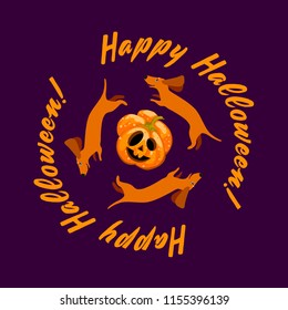 Three dachshunds running around a scared pumpkin. Happy Halloween Inscription. Poster, postcard, stand. Vector