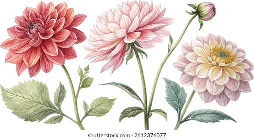 Three dahlias in varying shades of pink and red, painted in watercolor, with green leaves and stems.