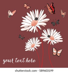 Three daisies with ladybugs and butterflies flying around. Vector illustration on dark red background