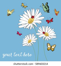 Three daisies with ladybugs and butterflies flying around. Vector illustration on light blue background
