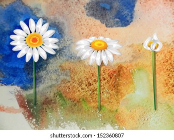 Three daisies in a row on watercolor backdrop