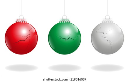 Three damaged christmas balls, as a symbol for problems concerning xmas. Isolated vector illustration on white background.